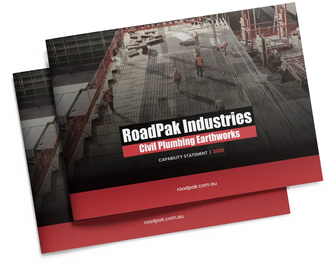 Stacked brochures for RoadPak Industries showcasing a construction site with workers. The cover text reads "RoadPak Industries: Civil Plumbing Earthworks, Capability Statement 2025." The website roadpak.com.au is displayed on the bottom.