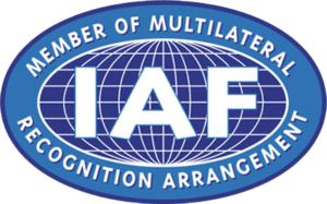 Logo of the International Accreditation Forum (IAF) with text "Member of Multilateral Recognition Arrangement" in a blue oval. The center features the letters "IAF" over a globe design.