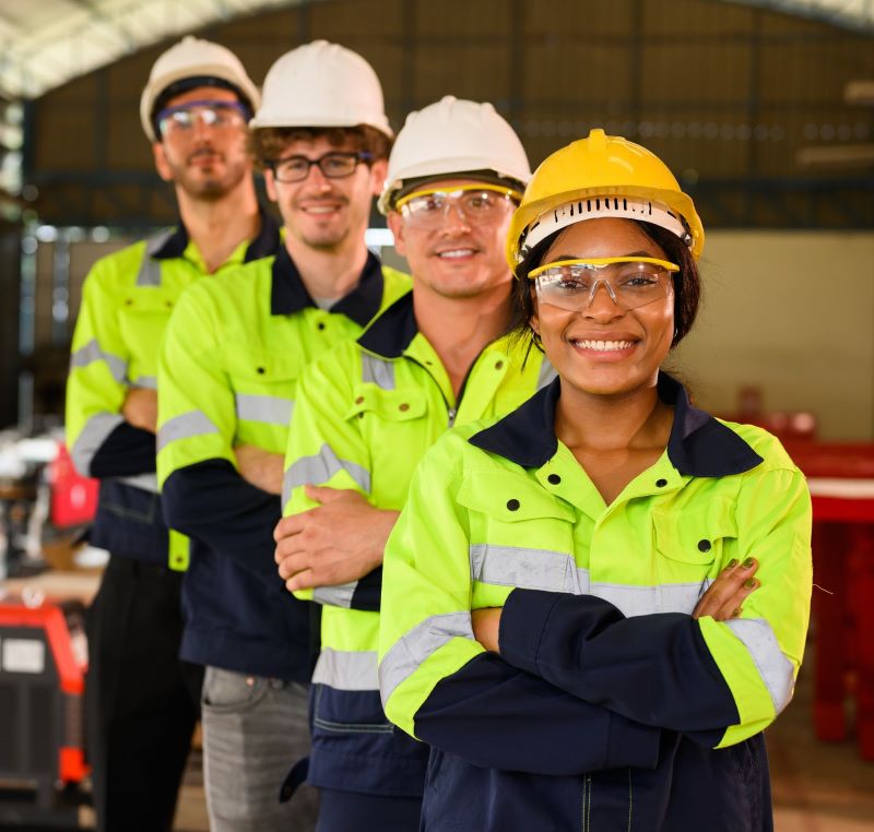 A diverse group of four construction workers in safety gear, including helmets and reflective yellow jackets, standing in a row inside a workshop. They are smiling confidently with arms crossed.